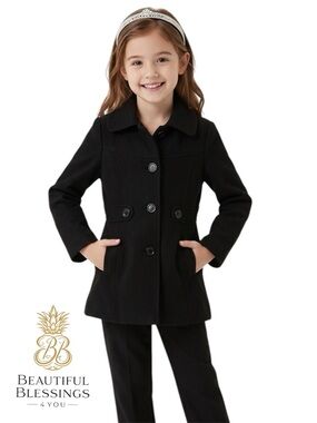 George Kids Classic Black Pea Coat with Button Front - Size M 7/8